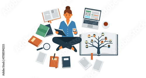Flat design of woman with open book, laptop, and mobile devices for remote learning and research