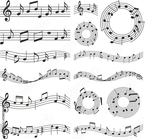 Music notation pattern with notes staves and treble clefs design