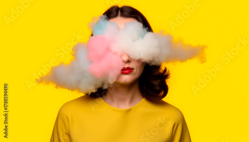 Colored smoke around the girl's head as a concept of mental disorder. Metaphor of mood disorder, psyche, mind
