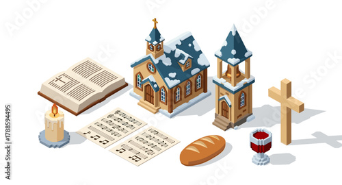 Isometric winter church scene with choir music and christmas symbols