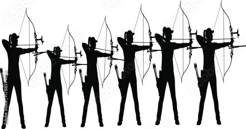 Archers in silhouette aiming bows, demonstrating focus and precision in archery, highlighting teamwork and competitive spirit in sport