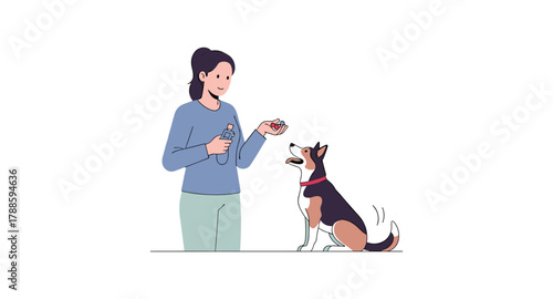 Woman feeding dog treats on walk with water bottle and happy pet