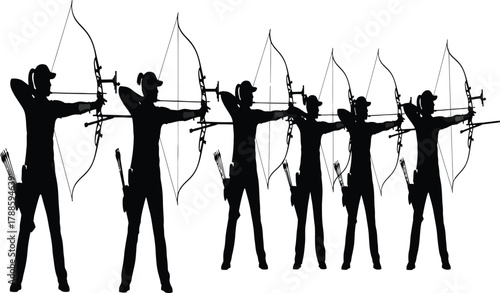 Archers in silhouette aiming bows, demonstrating focus and precision in archery, highlighting teamwork and competitive spirit in sport
