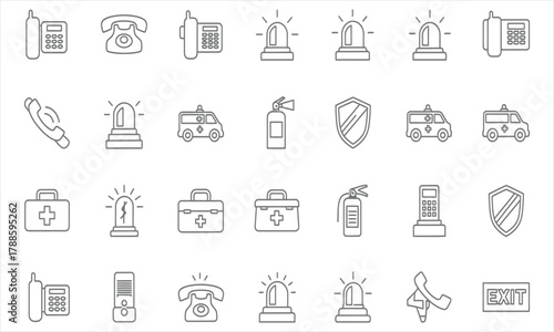 Comprehensive collection of emergency response and public safety icons, encompassing vital communication tools, medical assistance, fire protection, and security systems in a modern outline style