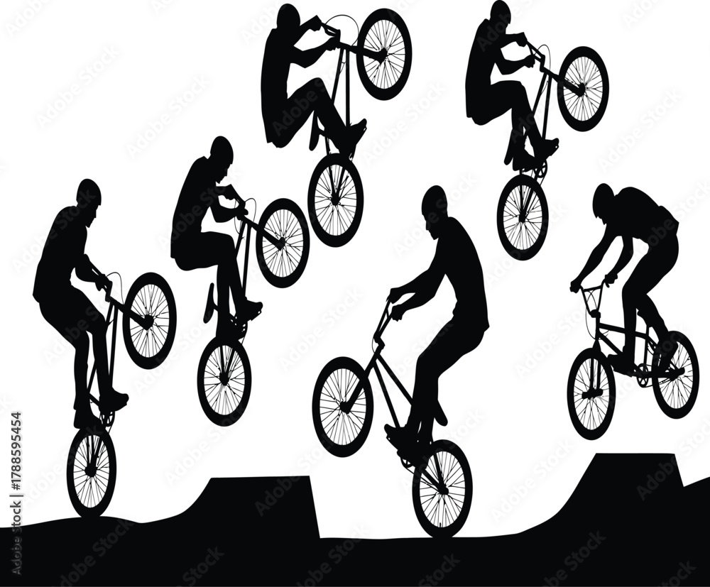 Fototapeta premium Silhouette of bmx riders performing stunts on ramps and ledges a showcase of balance, skill, and extreme sports action
