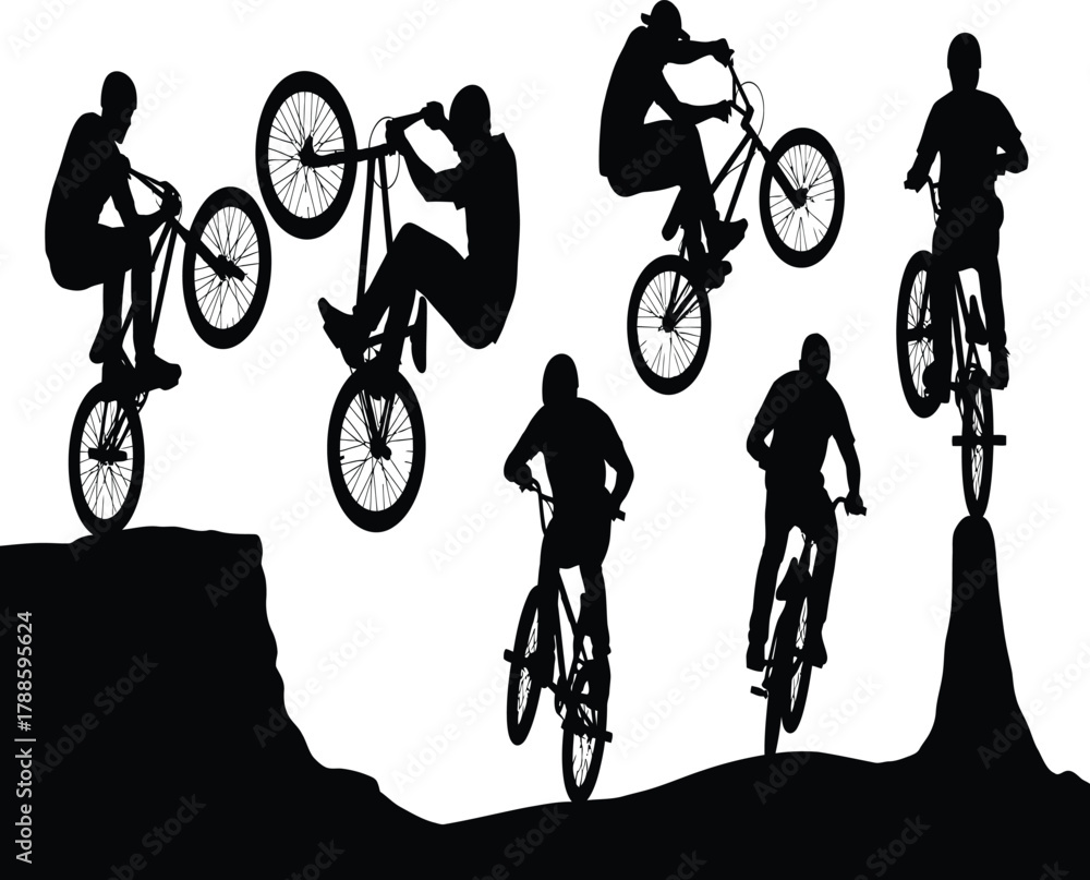 Obraz premium Silhouette of bmx riders performing stunts on ramps and ledges a showcase of balance, skill, and extreme sports action