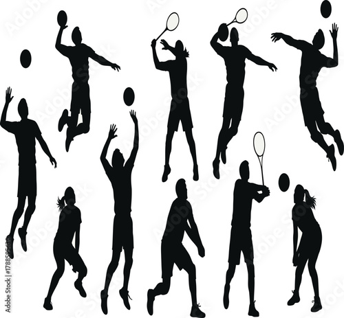 Silhouette of volleyball players in action, dynamic poses of athletes spiking, setting, and diving energetic team sport illustration