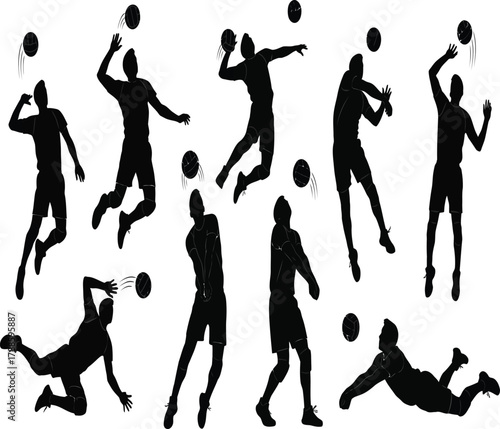 Silhouette of volleyball players in action, dynamic poses of athletes spiking, setting, and diving energetic team sport illustration