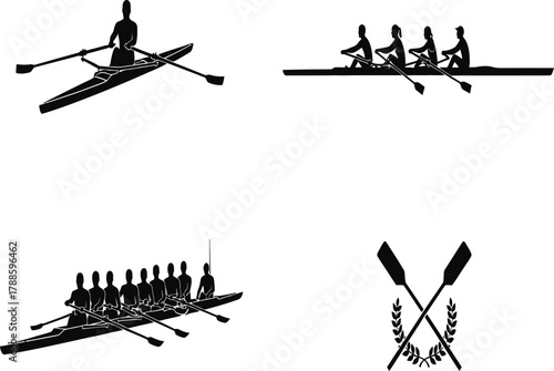 Silhouette of rowing team competing in a race the rowers are working hard to win the competition with their team