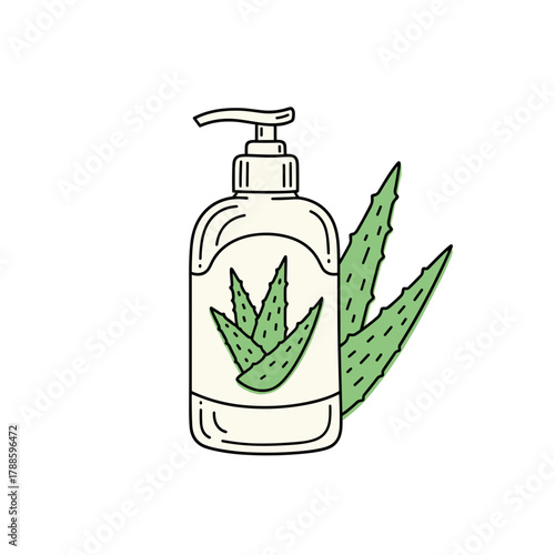Aloe vera hand sanitizer bottle with green plant illustration  