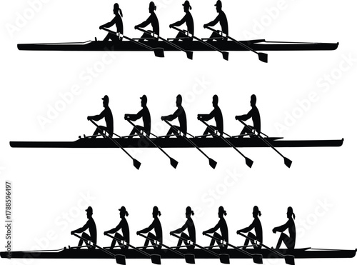 Silhouette of rowing team competing in a race the rowers are working hard to win the competition with their team