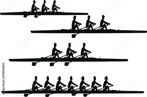 Silhouette of rowing team competing in a race the rowers are working hard to win the competition with their team