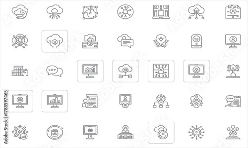 Cloud computing technology icons and symbols representing data storage, networking, and digital services