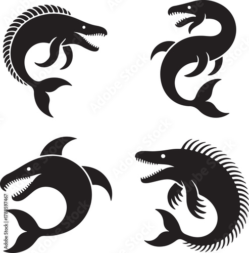 Four Black Silhouette Sea Monsters and Marine Creatures ocean prehistoric