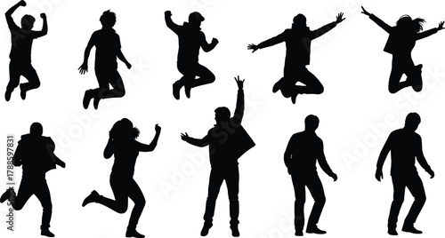 Collection of people silhouettes jumping and dancing in motion poses, active men and women vector illustration design