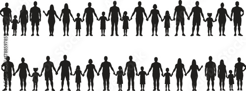 Diverse family silhouettes holding hands together in unity representing love, support, connection, and community across generations