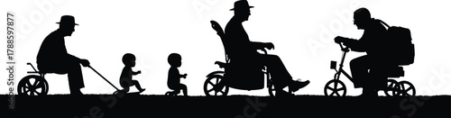 Generational silhouette of people representing stages of life from childhood to old age evolution and human journey concept
