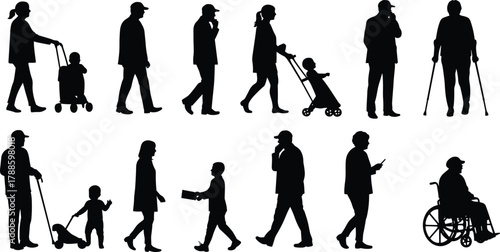 People walking and interacting silhouette set showing different ages, actions, family life, mobility, and urban lifestyle diversity