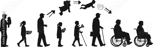 Silhouette illustration showing stages of human life from infancy to old age with aging and time concept