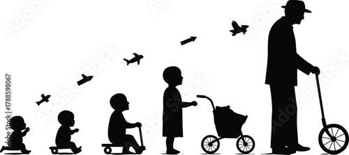 Silhouette illustration showing human life stages from baby to elderly man representing growth aging and life evolution concept