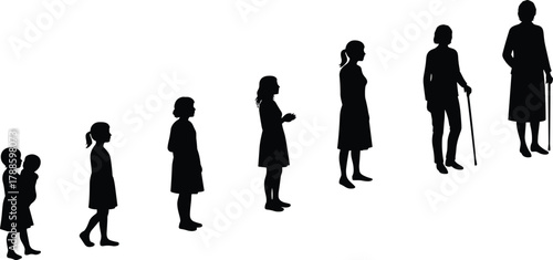 Silhouette illustration of woman life stages from childhood to old age showing growth, aging, and human evolution