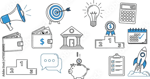 Finance Icons Set with Wallet,Piggy Bank, Target, Podium, Rocket and other Assets