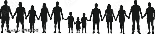 Silhouette of diverse family members and children holding hands together symbolizing unity, teamwork, love, care, and harmony