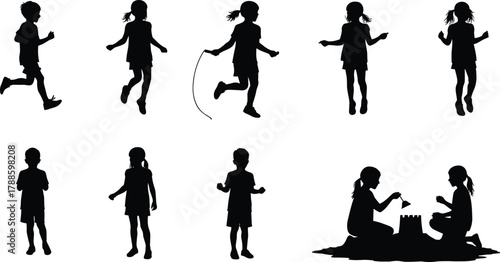 Silhouette of children playing, running, skipping rope, and building sandcastle together in fun outdoor active summer activity