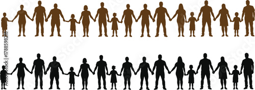Silhouette of diverse family members holding hands together representing unity, community connection, love, care, and social harmony concept