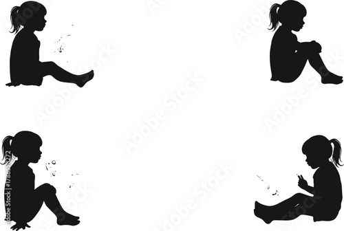 Silhouette of little girl sitting and blowing bubbles, child vector illustration, playful childhood activity, innocence and joy