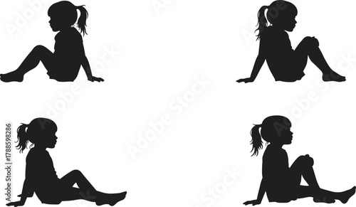 Silhouette of little girl sitting in different poses, vector illustration, child design, childhood concept, calm and thoughtful moments