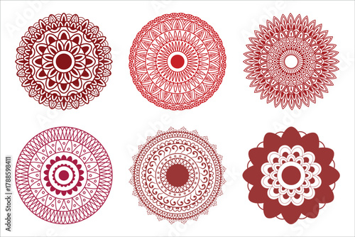 Collection of six intricate red mandala designs on white background