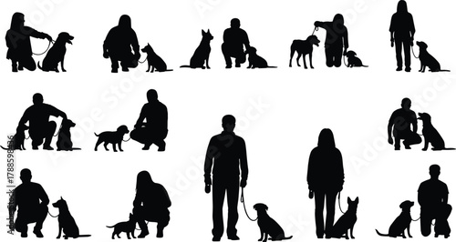 Silhouette of people training and bonding with dogs on leash, pet obedience, love, outdoor companionship vector illustration