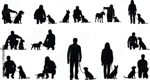 Silhouette of people training and walking dogs with leash, pet care, friendship, obedience, outdoor vector illustration design