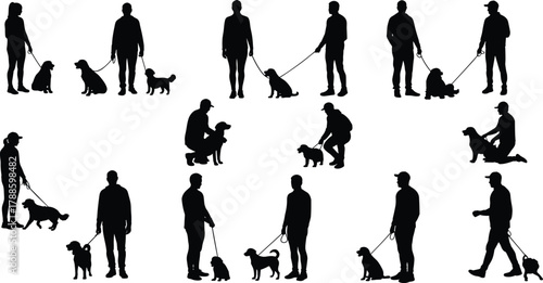 Silhouette of people walking and training dogs on leash, pet obedience, outdoor exercise, animal companionship, vector illustration art