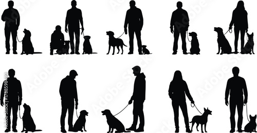 Silhouette of people walking and training dogs on leash, pet obedience, outdoor companionship, love, care vector illustration
