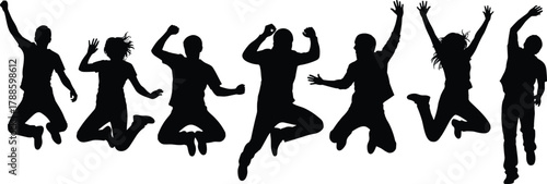 Silhouettes of happy people jumping in joy and celebration, energetic group in motion, vector illustration design