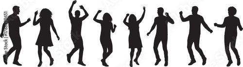 Silhouettes of people dancing and celebrating together in joyful motion, vector illustration of dance party concept