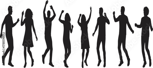 Silhouettes of people dancing with joyful poses vector illustration of men and women celebrating party and happiness