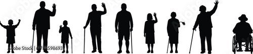 Silhouettes of people showing life stages from childhood to elderly age with walking sticks and wheelchair vector
