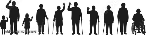 Silhouettes of people from childhood to old age showing life stages and aging process in vector illustration