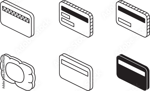 Collection of six isometric credit card icons representing electronic payment digital banking and secure transactions