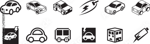 Collection of various car and electric vehicle related icons on transparent and opaque backgrounds
