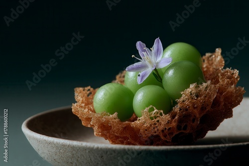 Green Spheres in Crispy Honeycomb Basket with Purple Flower