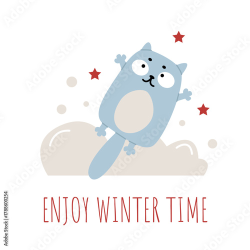 Funny New Year's card with a cute cat jumping in the snow