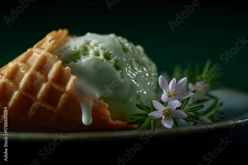 Green Ice Cream in Cone with Purple Flower on Rustic Plate