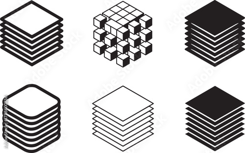 Isometric stacked layers symbols representing organization management systems or deep learning algorithms structure.