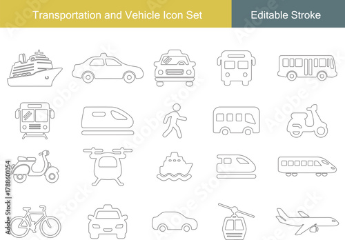 Transportation and Travel Icon Set | Car, Taxi, Bus, Train, Ship, Airplane, Scooter, Bicycle, Helicopter, Cable Car, Walking Line Icons