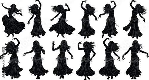 Belly dance silhouette, elegant dancer poses, tribal skirt movement, expressive female figure, cultural rhythm art, graceful motion, black vector style