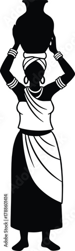 Traditional, silhouette, woman, pot, head, bangles, headwrap, draped, garment, culture, balance, rural, lifestyle, ethnic, black, white, stylized, heritage, graceful, daily - flat vector illustration